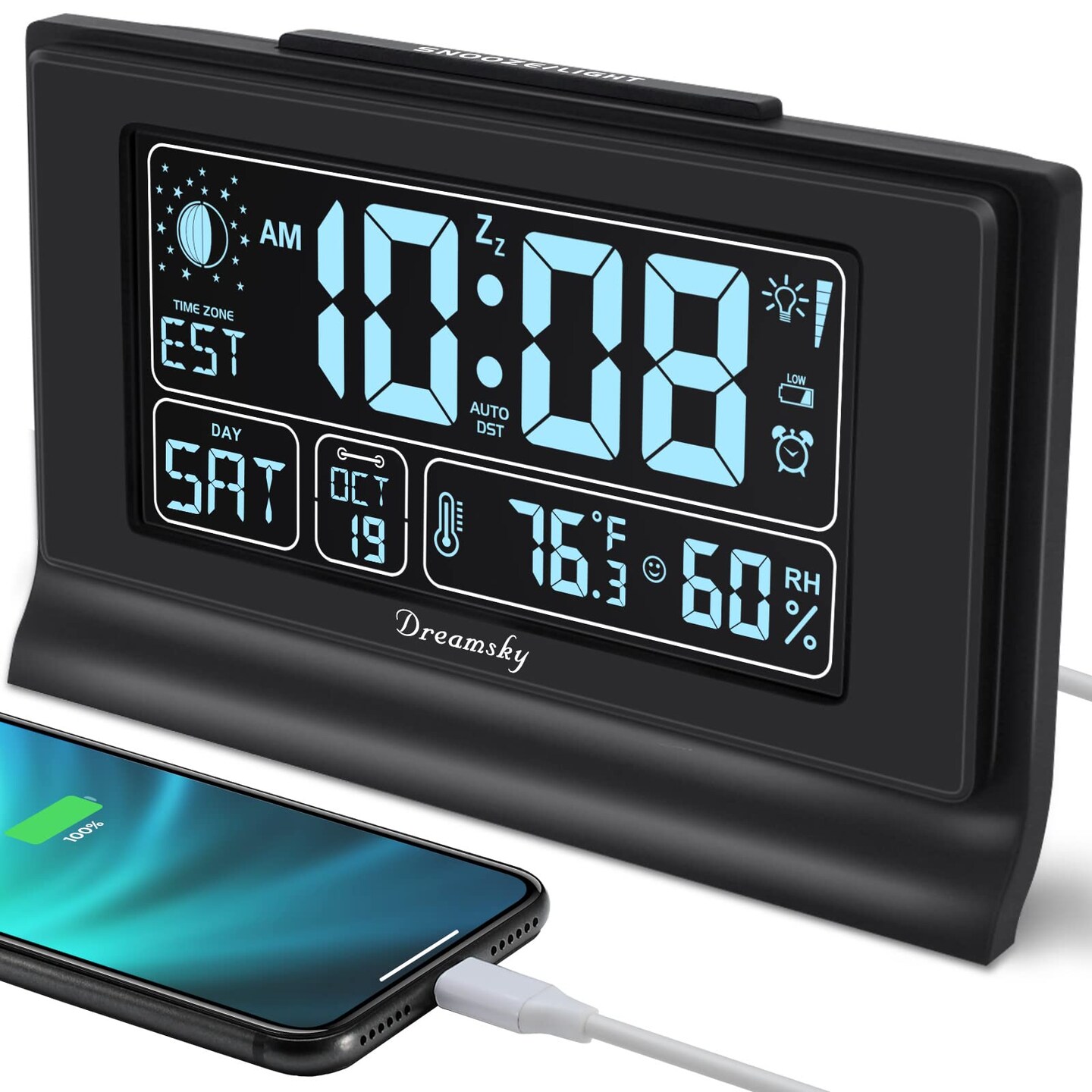 Digital Alarm Clock with Large Display, Temperature & Humidity, 6 Level Brightness, USB Charging, Battery Backup, Black