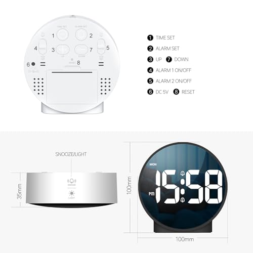 Small Digital Alarm Clock LED Desk Travel Electronic Clock Dual Alarm Snooze Dimmable Day Set 12/24H Week Display 4inch White (No Battery&Adapter) Stay on for 8 s When Powered by Battery
