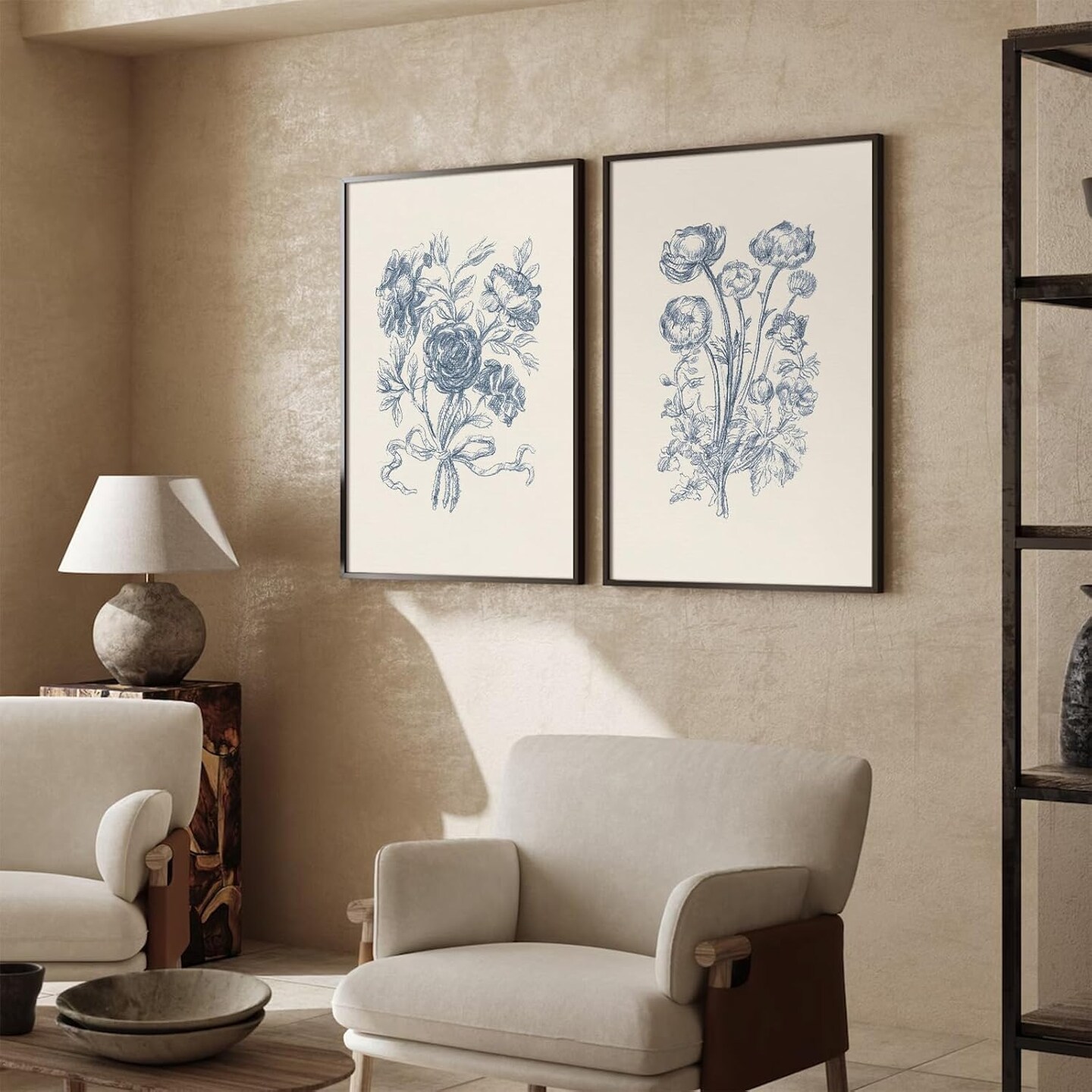 Blue Floral Wall Art Decor Vintage Flower Canvas,(12x16 Inch Unframed Set of 2)