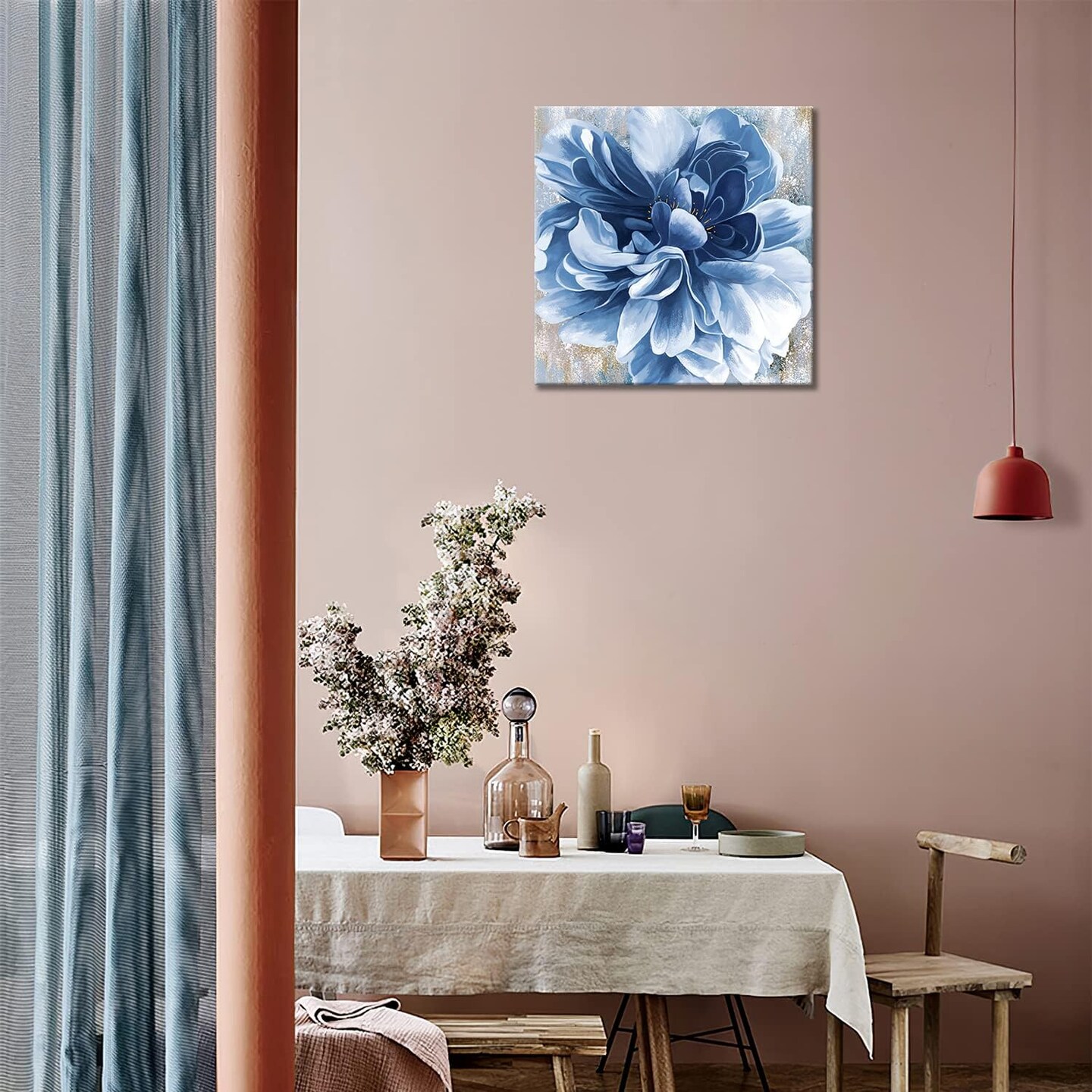 Blue Flower Wall Art,Navy Blue Floral Canvas Print