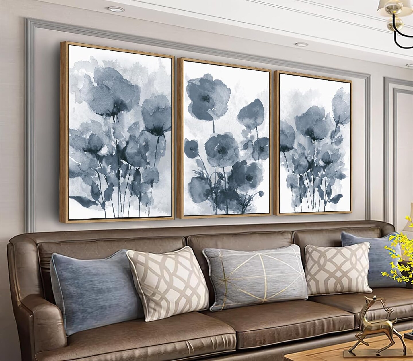 Botanical Framed Wall Art - Abstract Watercolor Style Pictures Grey Blue Floral Wall Decor ( 16&#x22; x 24&#x22; Set of 3 Natural Framed)