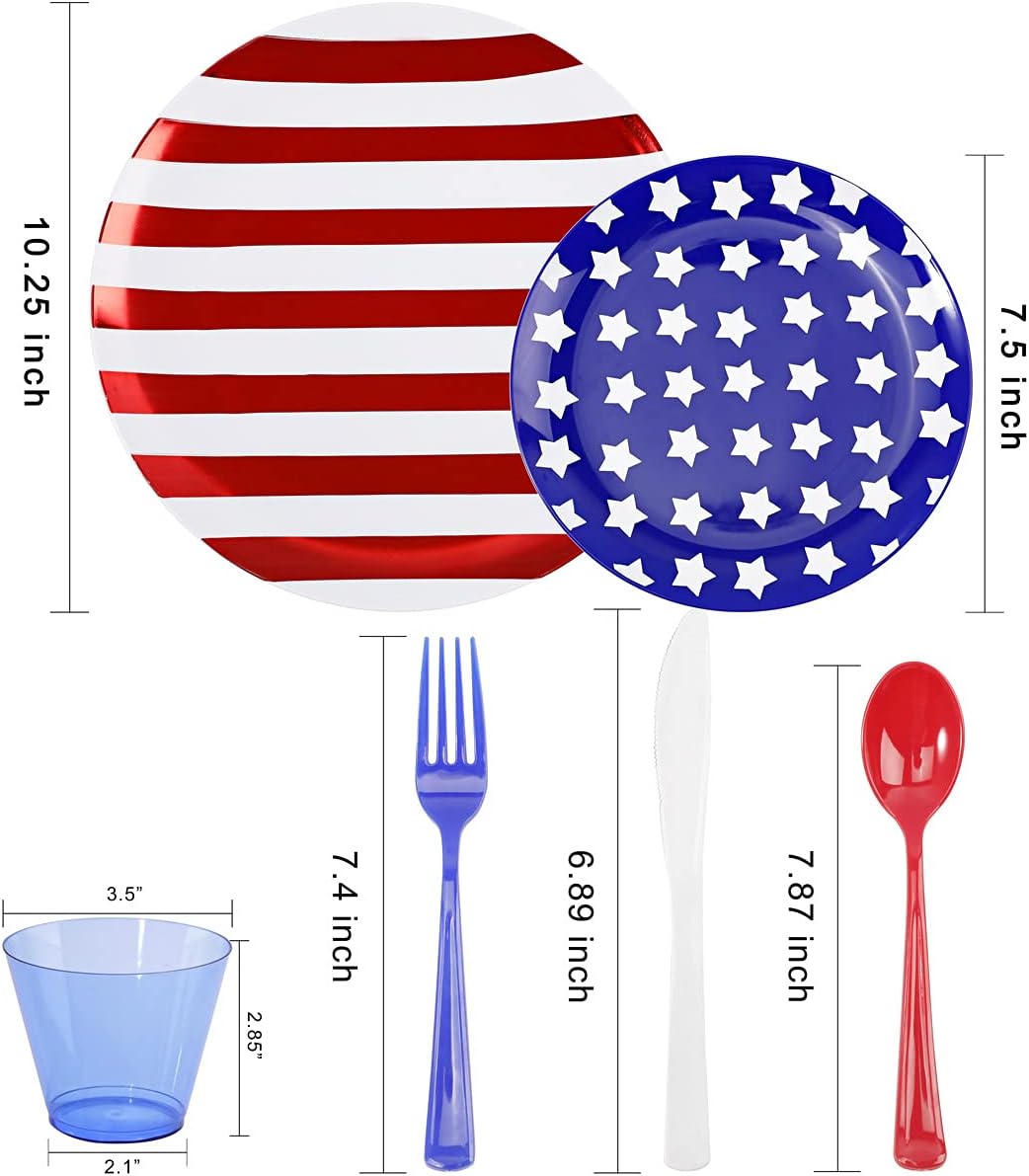 150PCS 4th of July Plates & Red White Blue Disposable Plastic Silverware &Clear Blue Cups-American Flag Patriotic Party Supplies for Memorial Day/Independence Day/Veterans Day