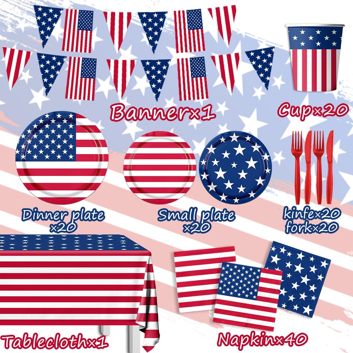 142Pcs American Flag Party Decorations Memorial Day 4th of July Patriotic Tableware Disposable