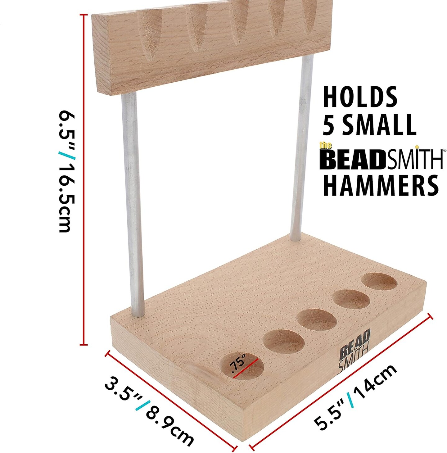 The Beadsmith Mini Hammer Stand – 5.5” W x 3.5” D x 6.375” H – Hardwood Stand – Holds 5 Mini Hammers – No Assembly Required – Individual Notches to Rest Hammers and Keep Tools Organized
