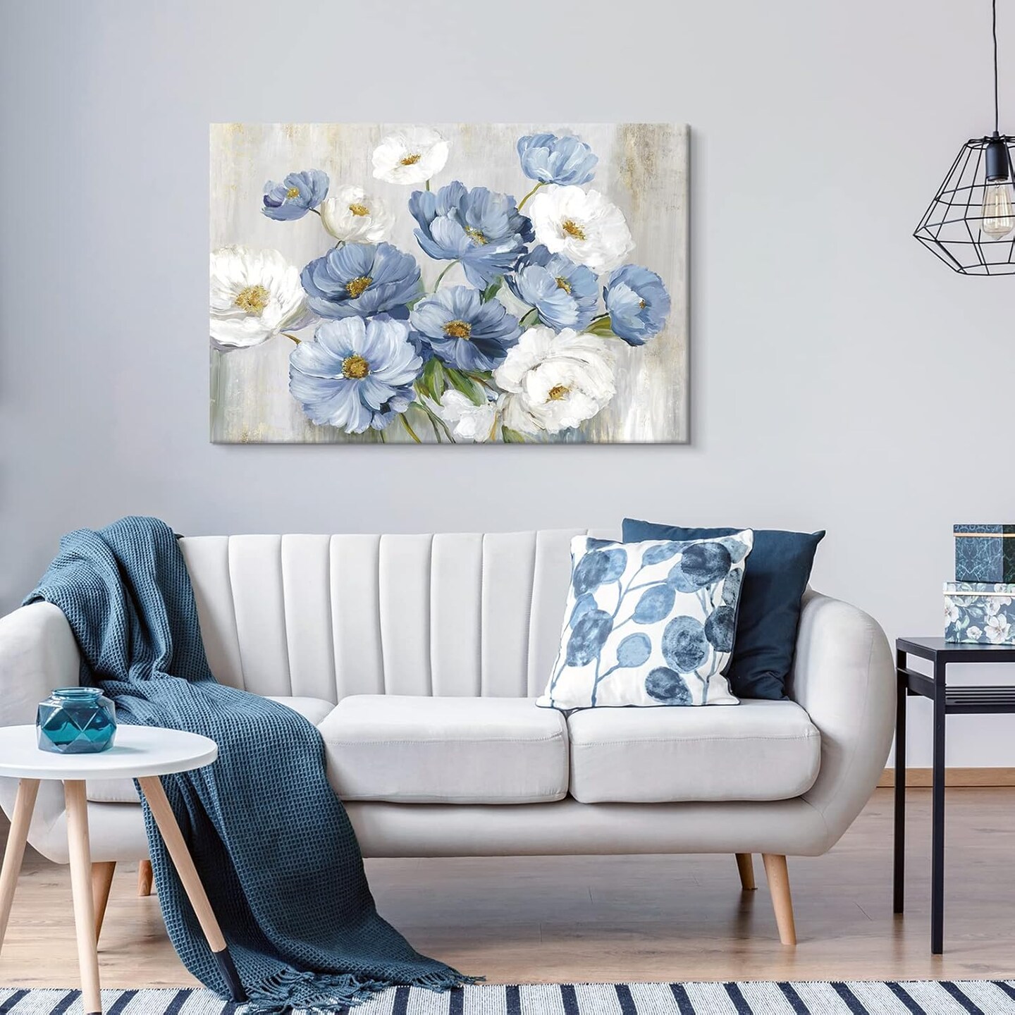 Blue Flower Picture Wall Decor White Floral Wall Art (36" x 24")