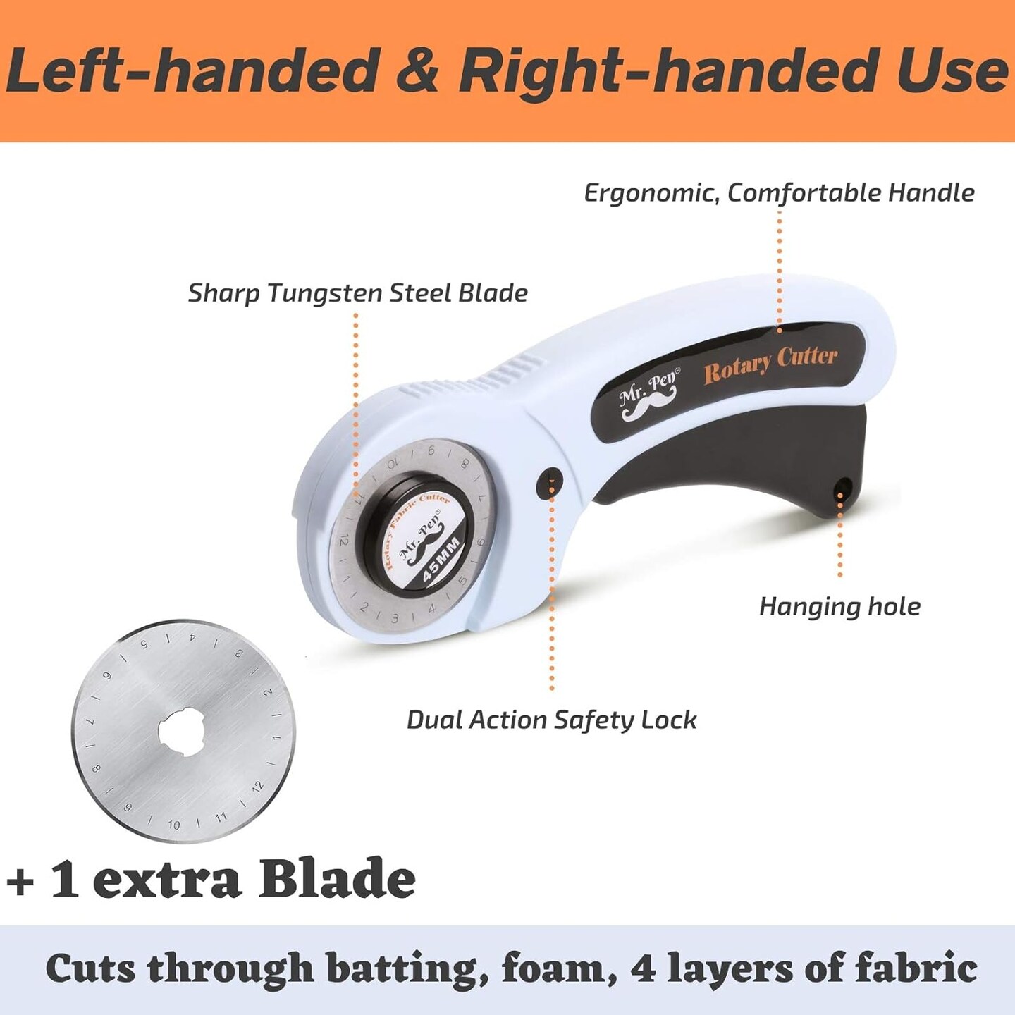 45mm Rotary Cutter with 1 Extra Blade, Ergonomic Handle, Rotary Cutter for Fabric, Fabric Cutter, Fabric Cutter Wheel, Fabric Rotary Cutter, Rotary Cutting Tool, Rotary Fabric Cutter