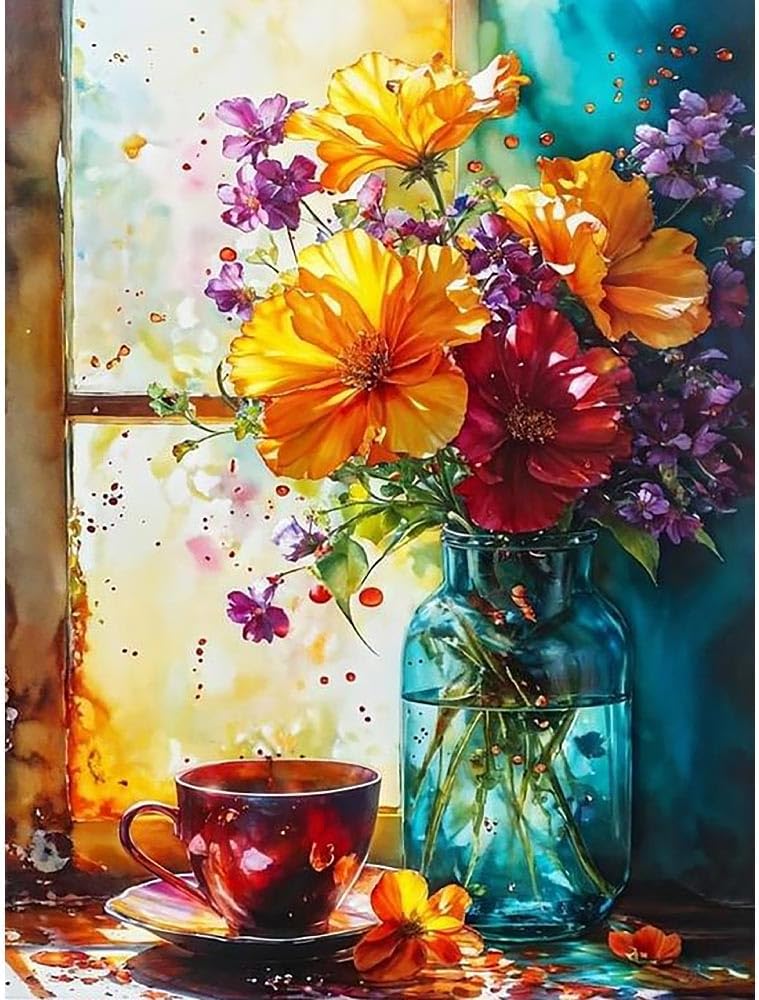 Flower Paint by Number Kit for Adults Canvas, Flower Adult Paint by Number Kits on Canvas, Vase Colorful Painting by Numbers for Gift Decor - 12x16 Inch