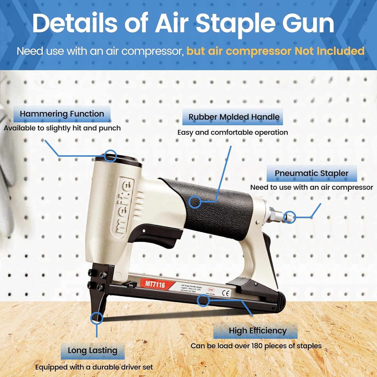 MT7116 Pneumatic Staple Gun - 22 Gauge 71 Series 3/8-Inch Crown 1/4-Inch to 5/8-Inch Length Air Upholstery Staple Gun Fine Wire Upholstery Stapler Gun