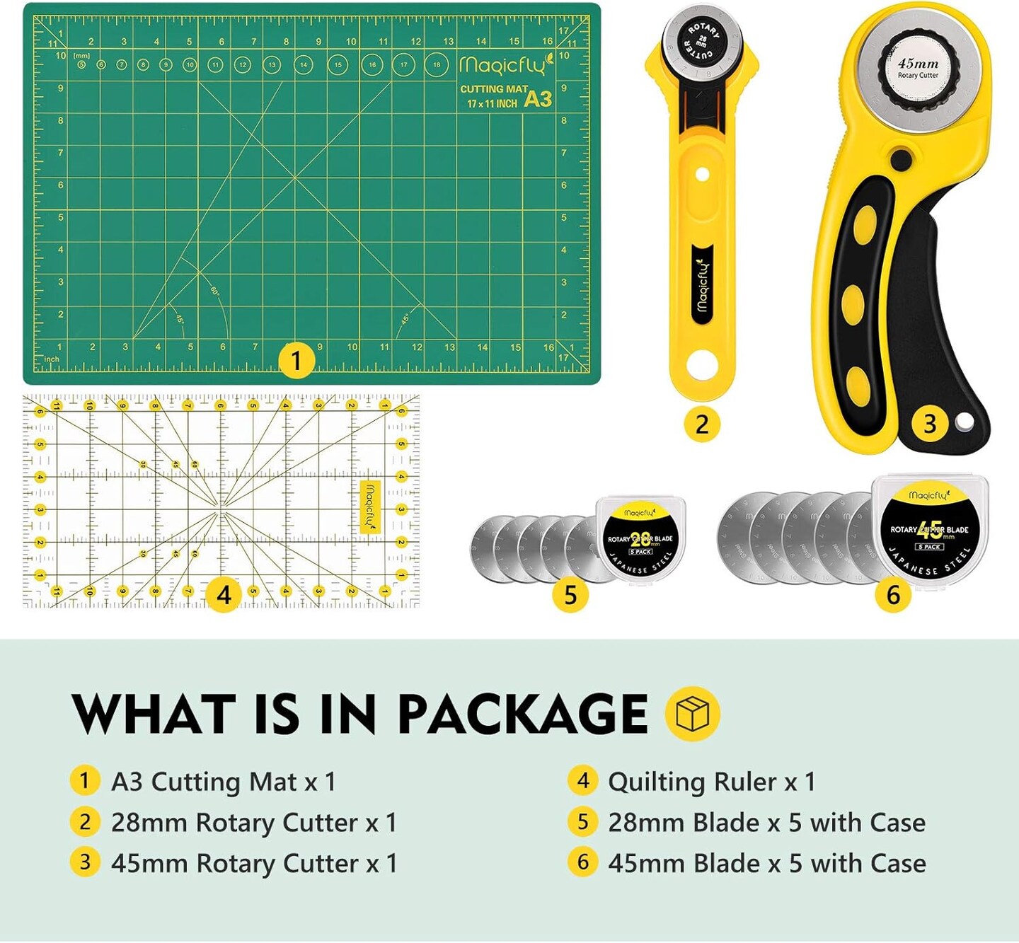 Rotary Cutter Set, 45mm and 28mm Fabric Cutters Kit with Extra 10 Blades, A3 Double-sided Self Healing Cutting Mat, 12x6 Inch Quilting Ruler for Sewing, Fabric Cutting, Art Crafting