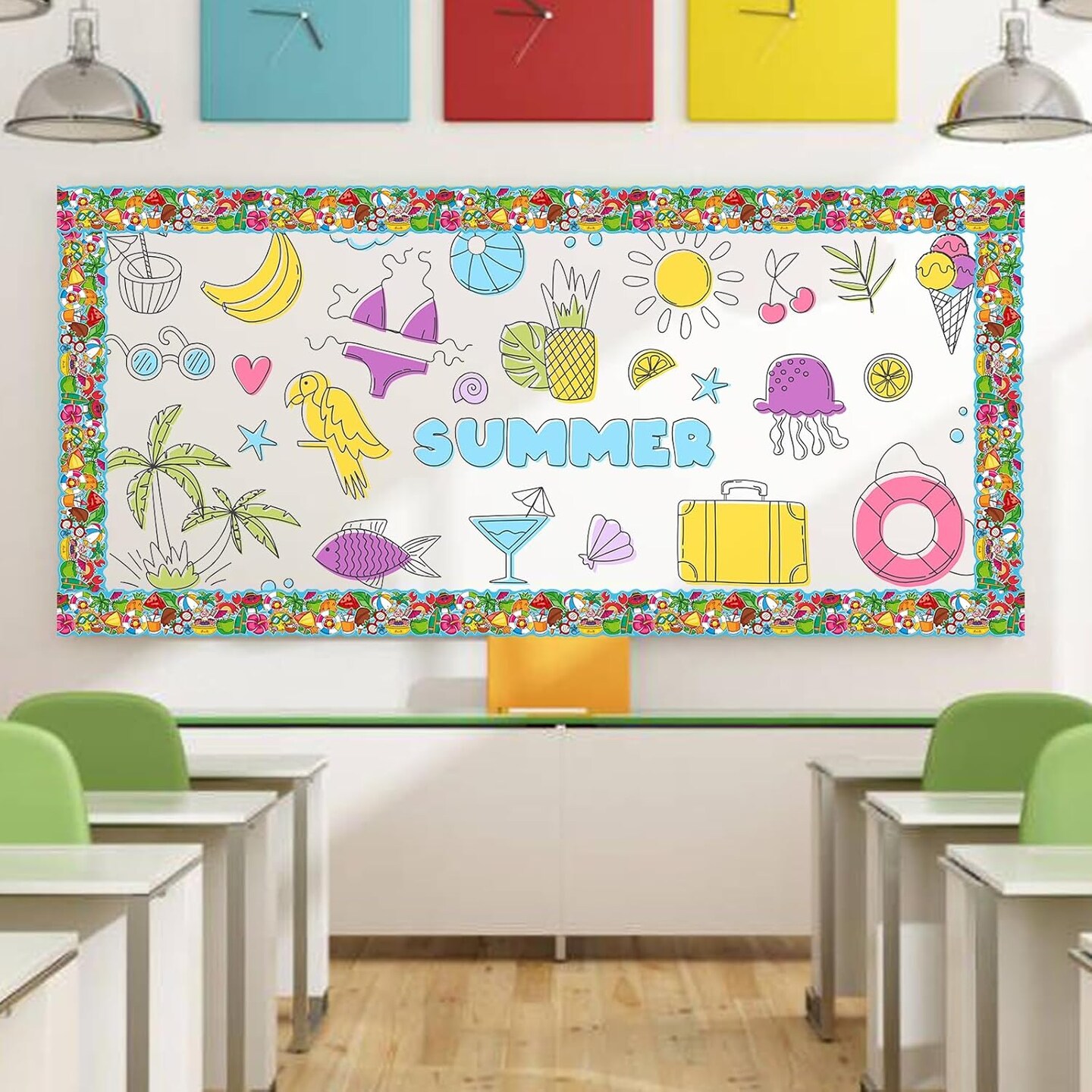 65.6Ft Summer Bulletin Board Borders, Cute Coconut Drink Pineapple Theme Die Cut Trim Border Roll Summer Bulletin Board Trim for Home Office School Chalkboard Wall & Hawaiian Party Classroom Decor
