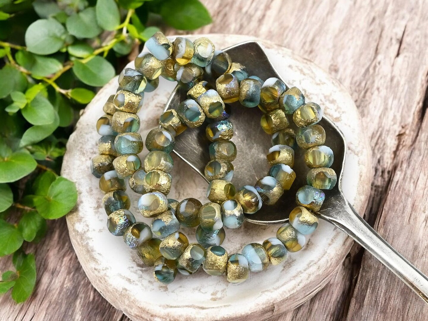 *25* 5mm Gold AB Etched Blended Topaz Aqua + White Trica Beads