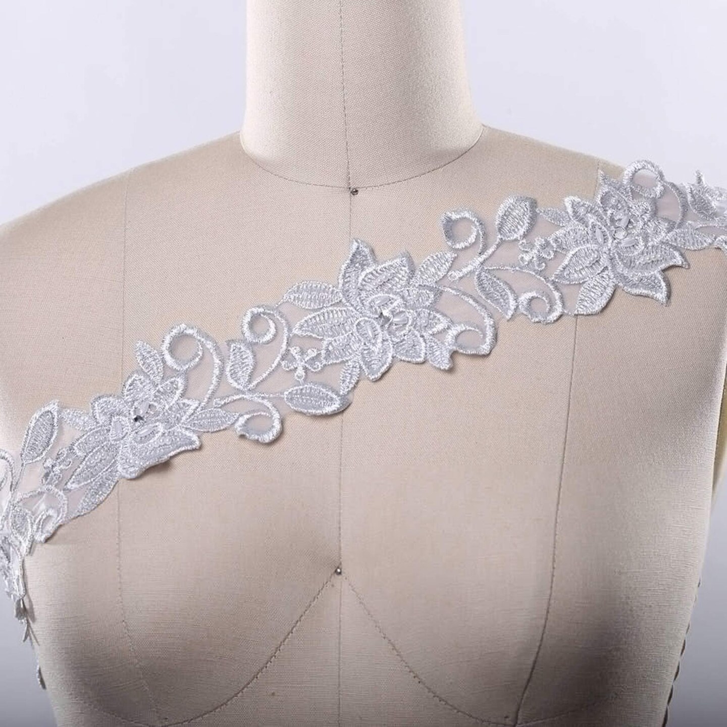 1 Yard 3 Inch Silver Beaded Floral Bridal Lace Trim on Organza