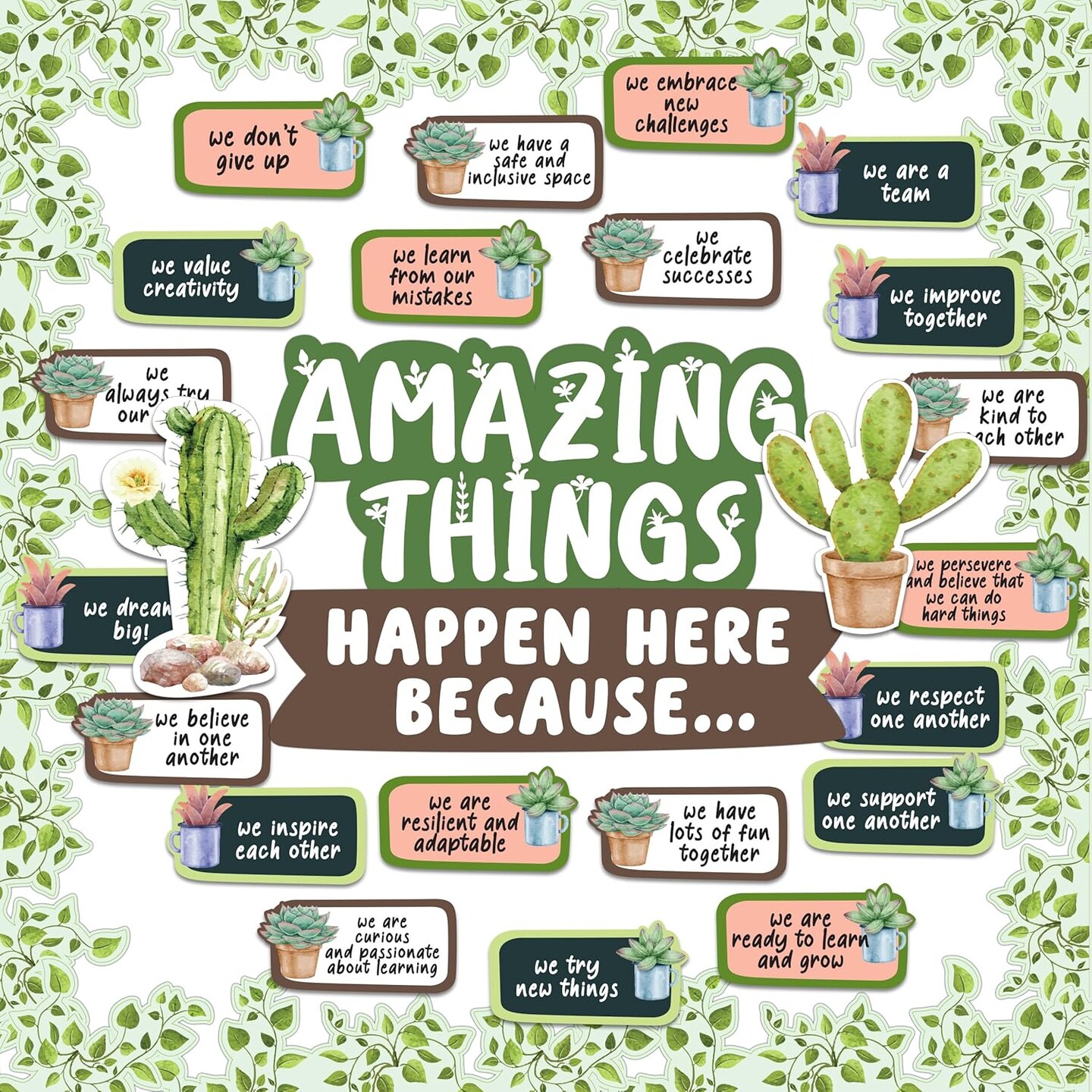 53 Pcs Cutouts Cactus Classroom Theme Bulletin Board Set with Borders (Cactus) 14" x 11"