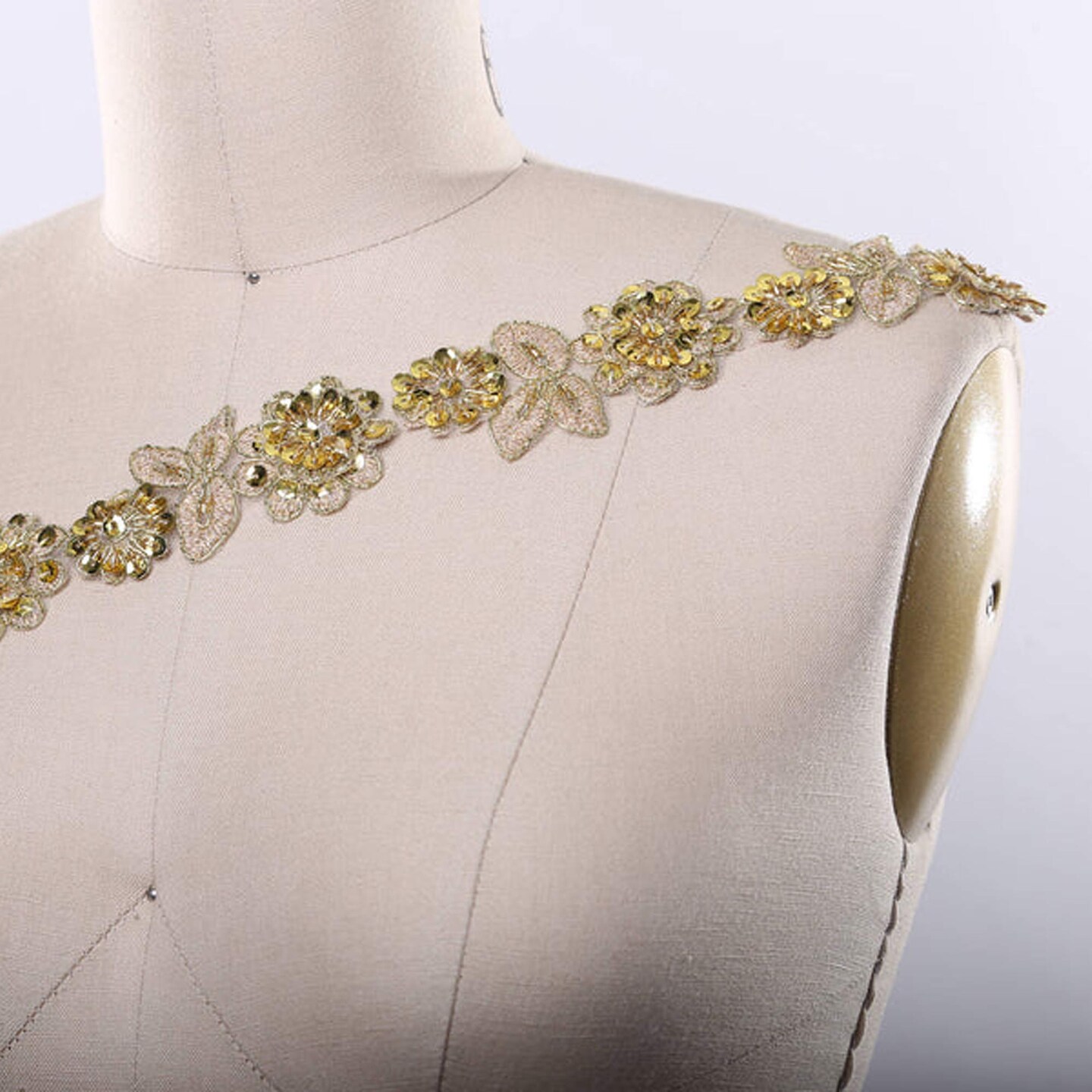 Gold Beaded 3D Flower Lace Trim 1.75 Inch Wide Leaf Design Half Yard