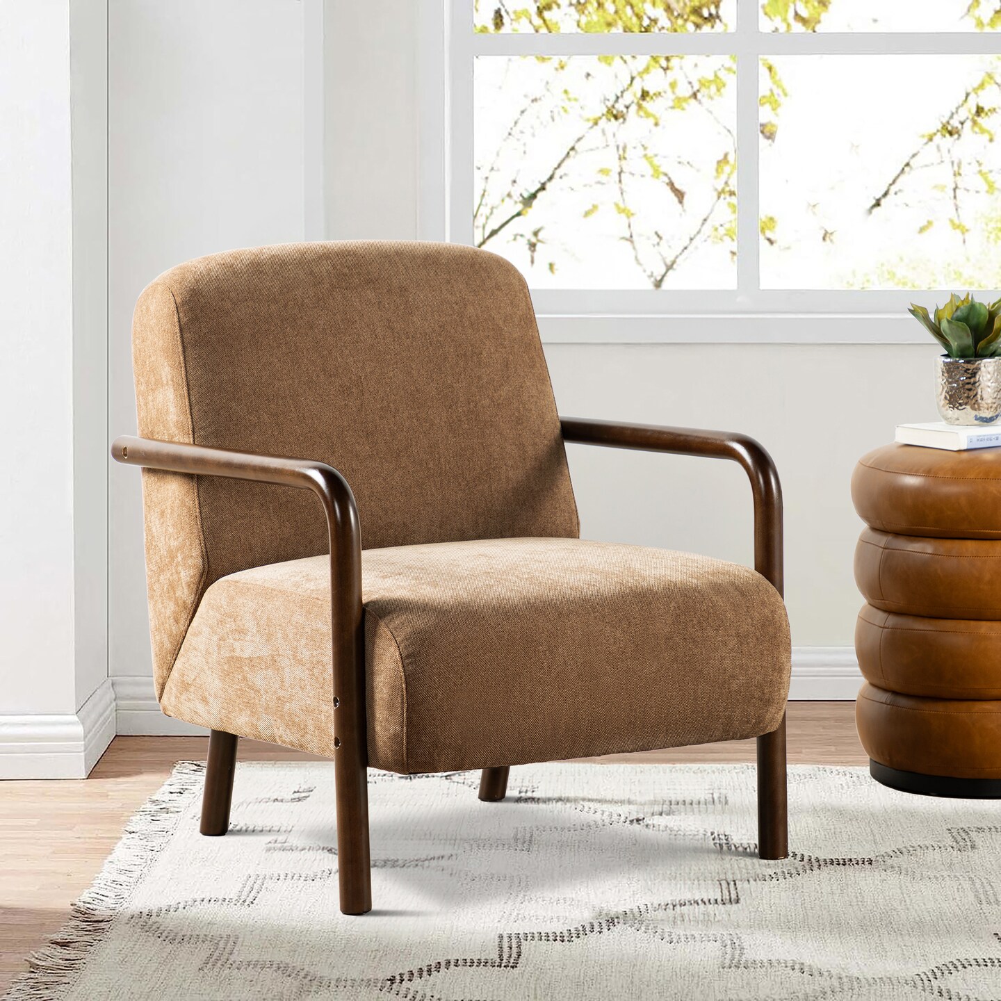 Mid-Century Modern Brown Fabric Thick Armchair with Walnut Rubberwood Frame