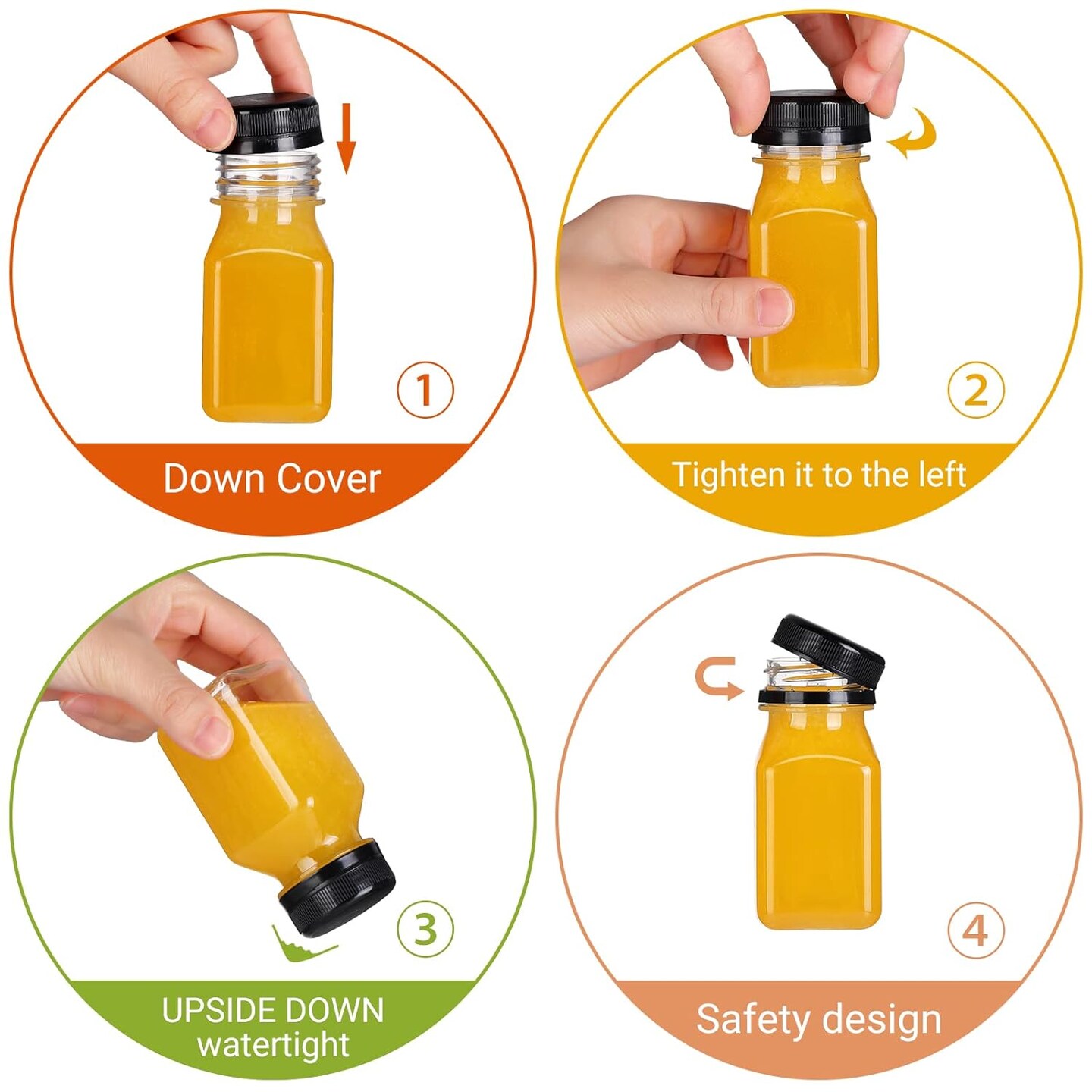 24 Pack 4oz Empty PET Plastic Juice Bottles with Leak-Proof Caps Lids