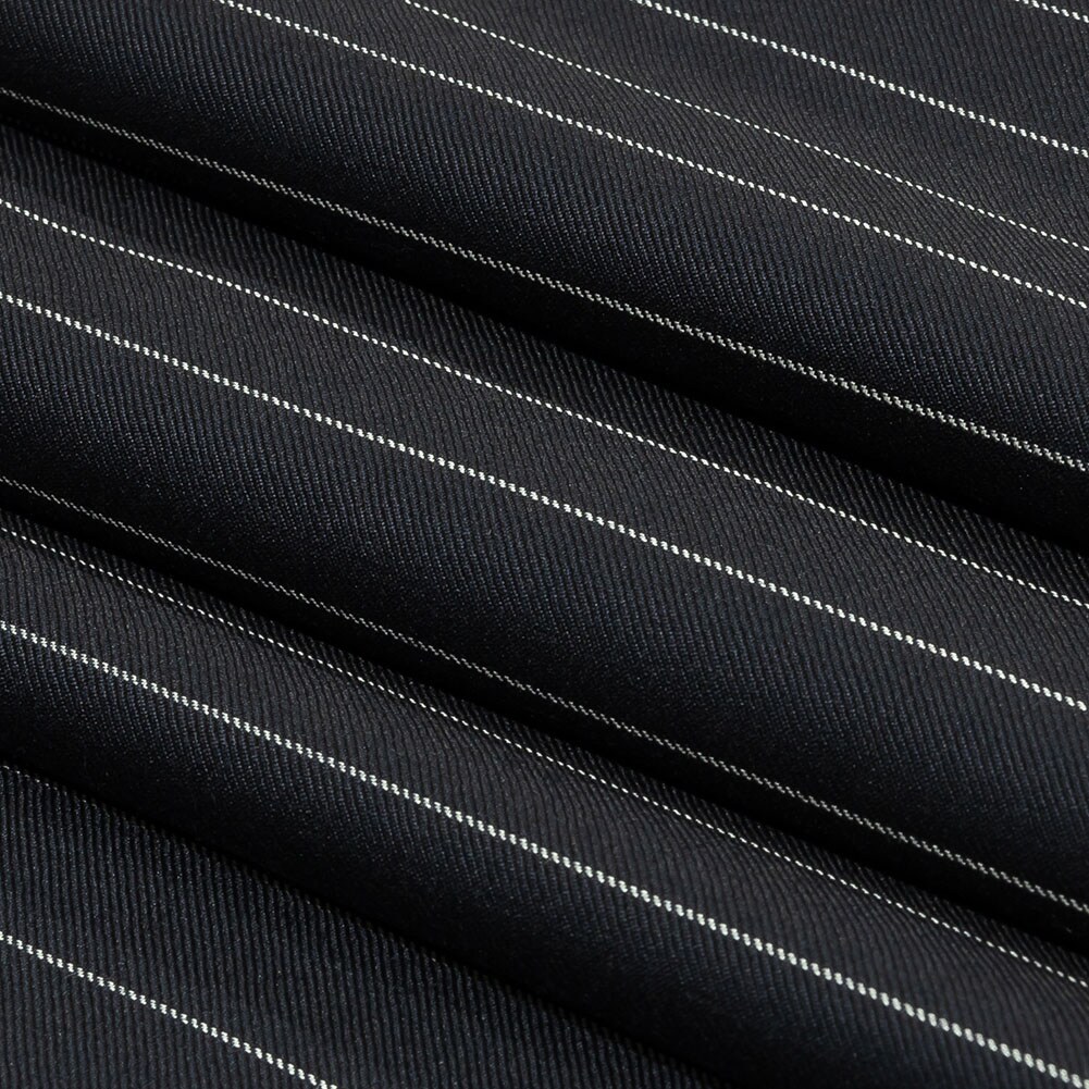 1 Yard British Midnight Navy and Light Gray Pinstriped Super 180 Virgin Wool and Cashmere Twill Suiting