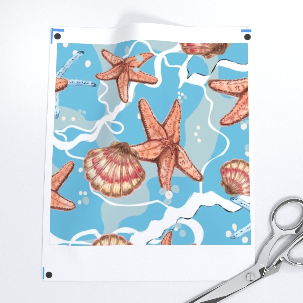 Bright Coastal Ocean Beach Sea Shells Coral Blue Whimsical Summer Water Custom Printed Fabric by Spoonflower Various Fabrics by the Yard or Fat Quarter
