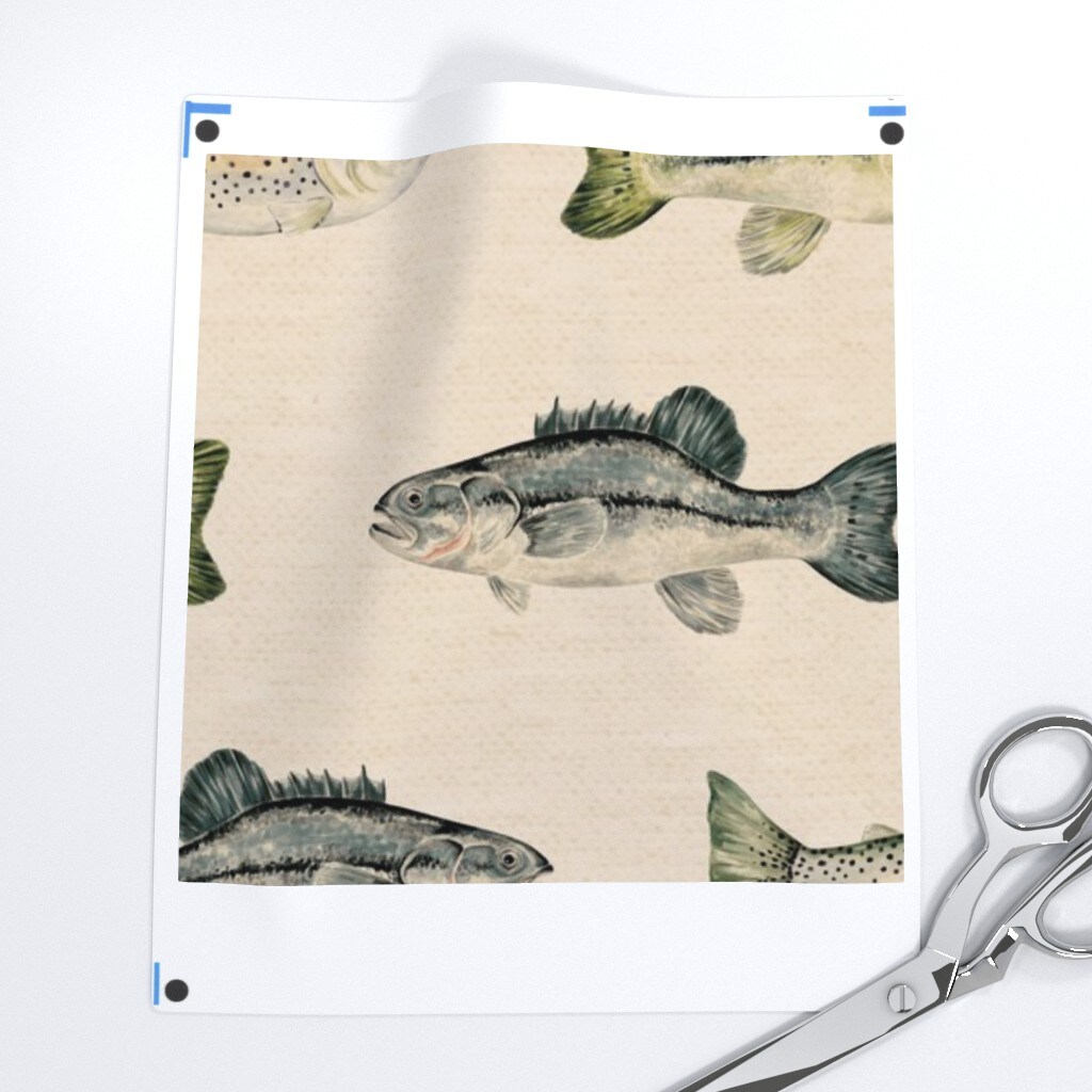 Cabincore Rustic Camping Fisherman Cabin Decor Lake House Summer Watercolor Rainbow Trout Bass Fishing Camp Fish Lodge Wilderness Wildlife Custom Printed Fabric by Spoonflower Various Fabrics by the Yard or Fat Quarter 17105519