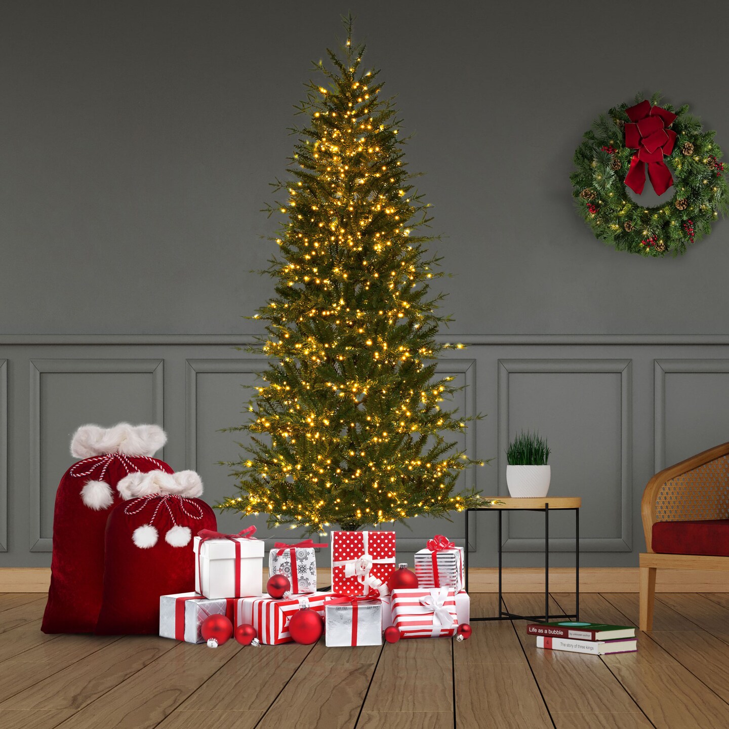 Haute Decor 7 Foot Pre-lit Asheville Slim Artificial Fir Christmas Tree with 1800 Warm White LED Cluster Lights, 2300 PE/PVC Tips, Hinged Branches and a 39-inch Diameter