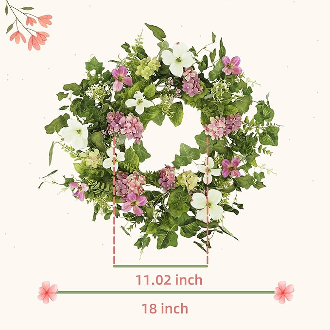 18" Spring Summer Wreaths for Front Door, Artificial Floral Wreath with Pink Hydrangea Green Eucalyptus Leaves, Green Foliage Wreath for Wall Window Farmhouse Party Holiday Home Decor