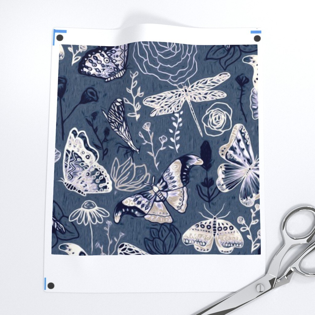 Dragonflies Butterflies Moths White Navy Gray Blue Big Moth Butterfly Dragonfly Coral Flowers Leaves Color Custom Printed Fabric by Spoonflower Various Fabrics by the Yard or Fat Quarter
