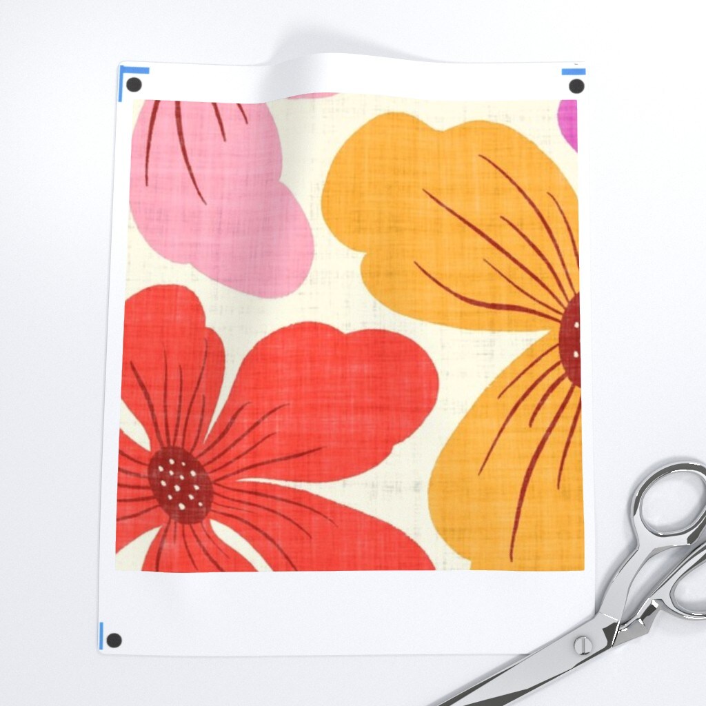 Retro Bold Floral Faux Linen Texture 70S Blooms Large Scale Colorful Summer Spring Pink Orange Yellow Coral Boho Bohemian Eclectic Crosshatch Custom Printed Fabric by Spoonflower Various Fabrics by the Yard or Fat Quarter
