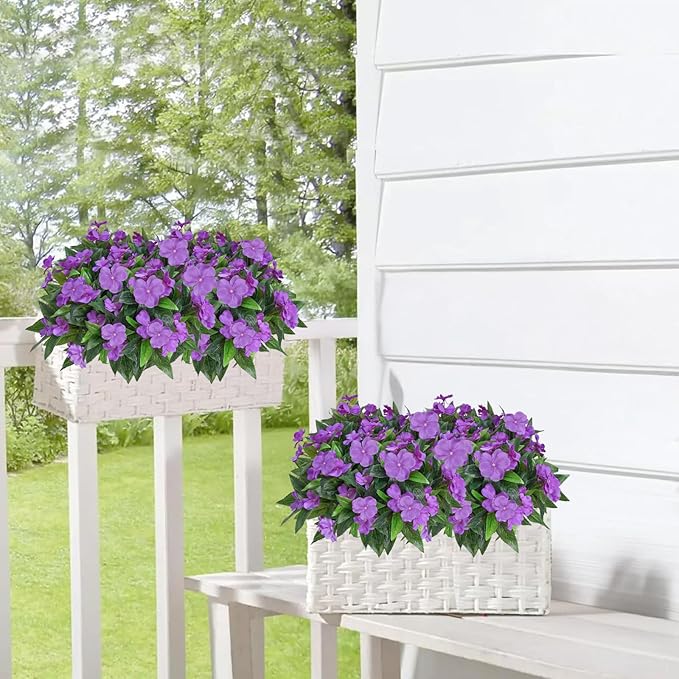 4Bundles Artificial Impatiens Flowers for Outdoors Purple Faux Silk Flowers Outdoor Artificial Impatiens Bush Bouquet Fake Plants for Patio Lawn Garden Hanging Basket Porch Decor