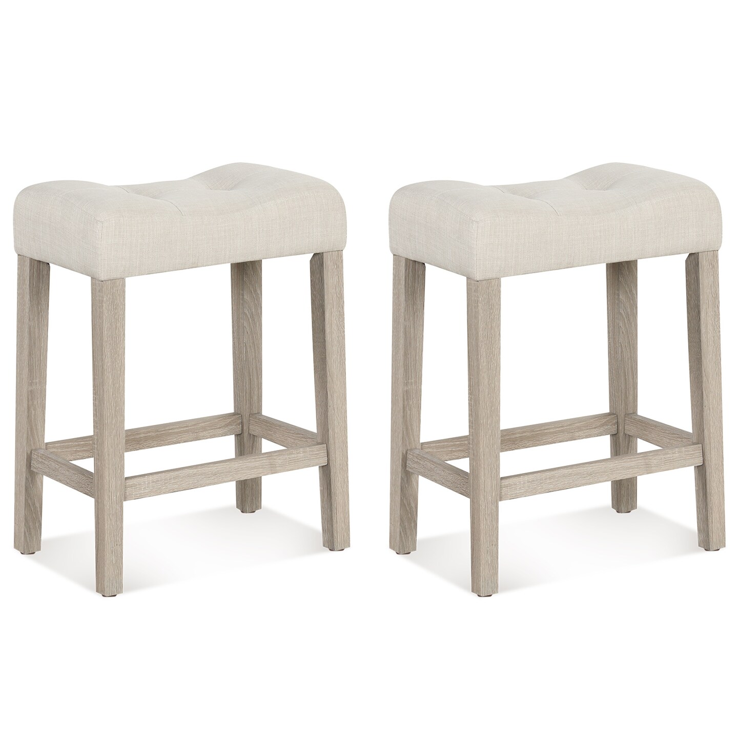 Gray Upholstered Bar Stools Set of 2 with Rubber Wood Frame and Tufted Seat for Kitchen Counter