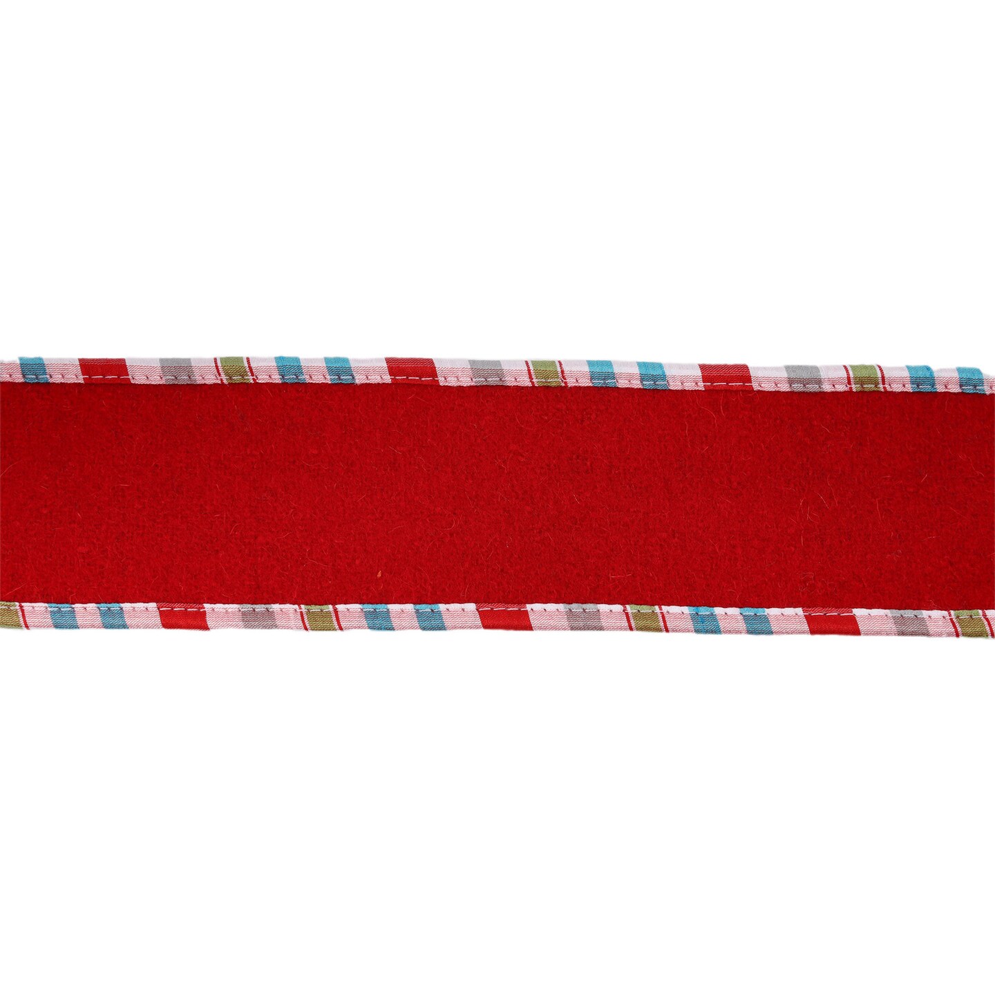 LaRibbons 4" - 2 1/2" Wired Ribbon | Red Felt w/ Teal Plaid Edging | 5 Yard Roll