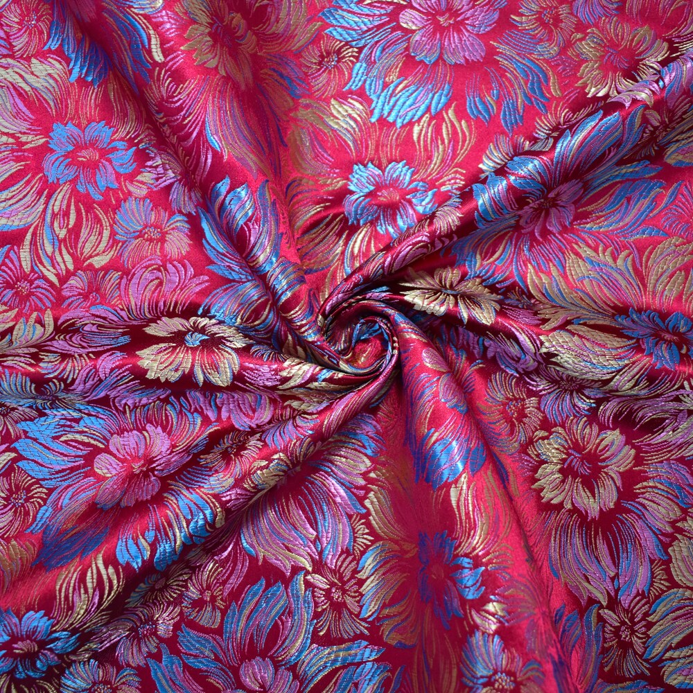 Red-Blue-Multi Polyester Floral Chinese Brocade Woven Fabric By the Yard