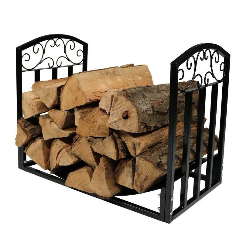 Black Steel Firewood Holder Log Rack 24 Inch Indoor Outdoor Log Storage with Scroll Design