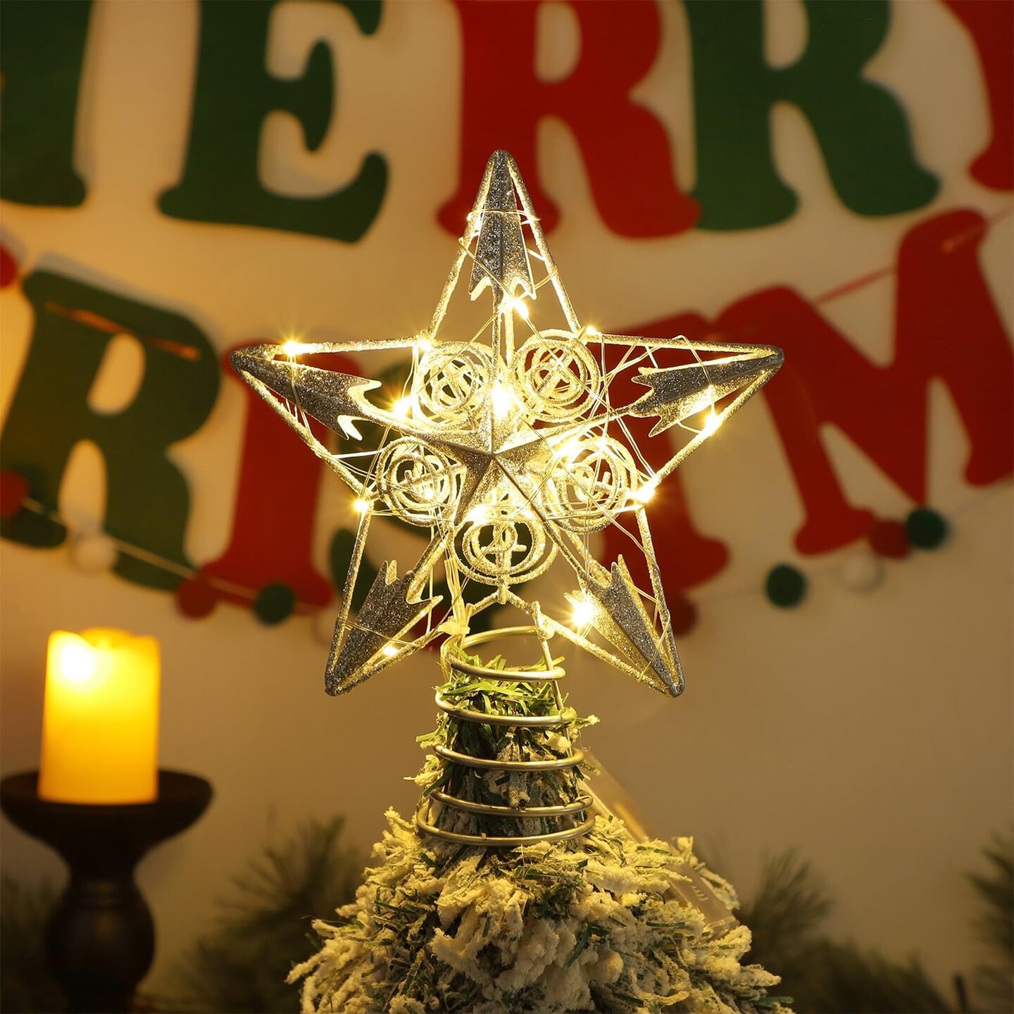Star Tree Topper with 20 LED Lights, Metal Silver Lighted Treetop Ornaments