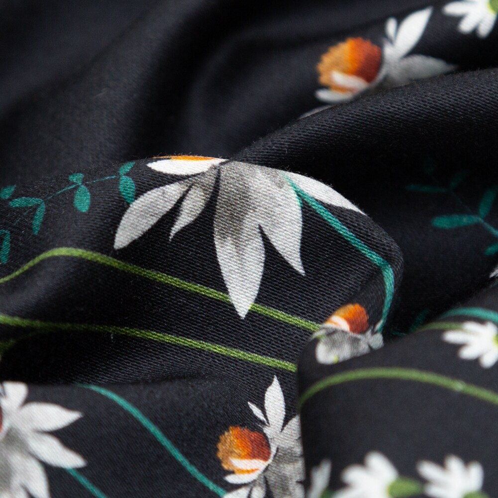 1 Panel Black Beauty Daisy Floral Stretch Cotton Sateen Panel Fabric