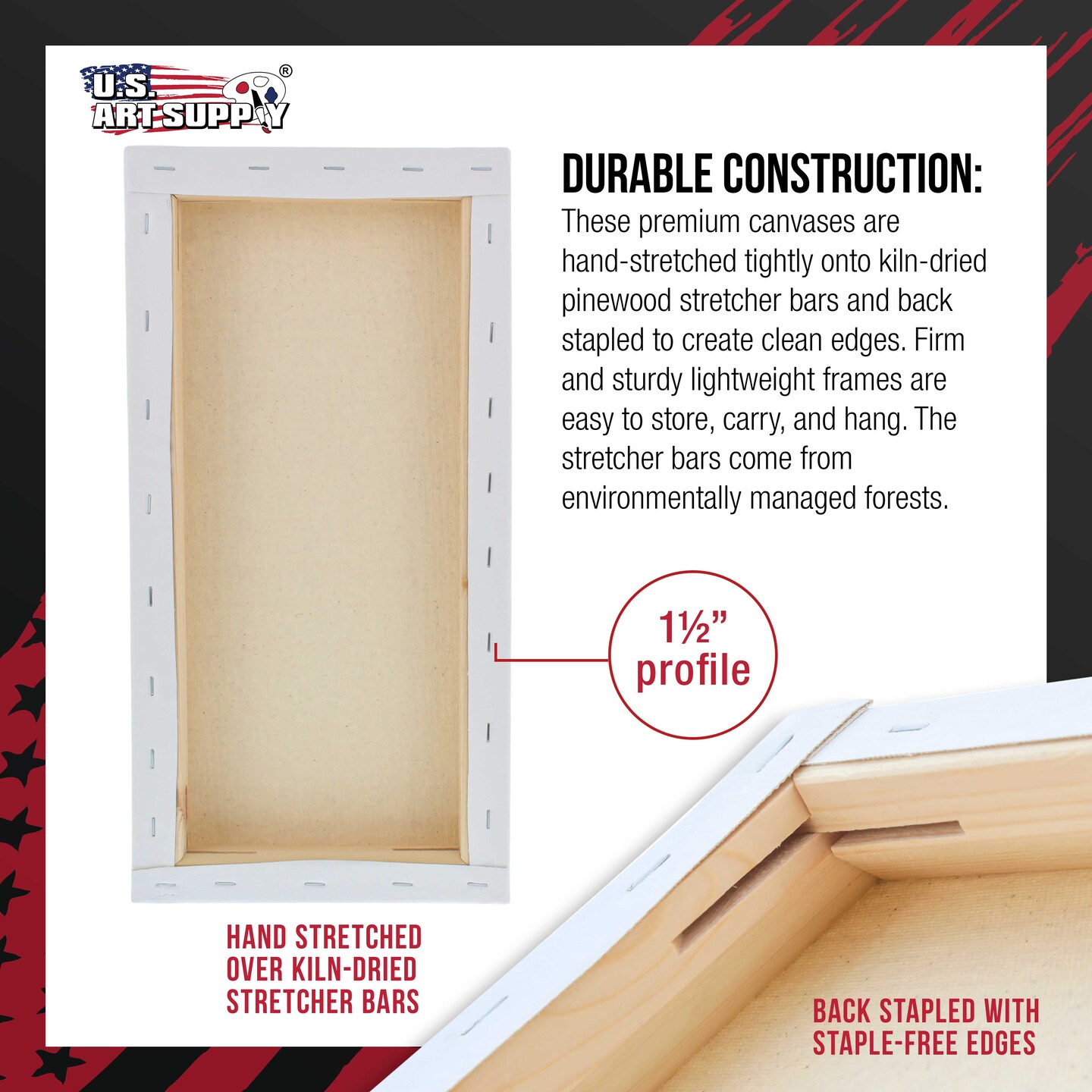 Rectangle Stretched Canvas for Painting 10x20 inch Gallery Depth 1-1/2&#x22; Thick, 3-Pack - 12oz Acrylic Gesso Triple Primed, Professional Artist Quality, 100% Cotton - Oil, Pouring Paint