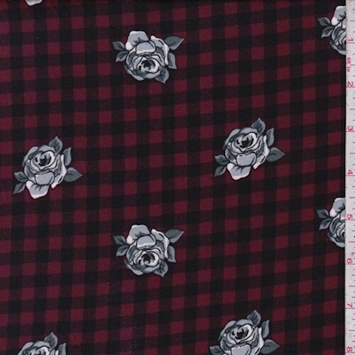 Black/Mulberry/Grey Check Floral Double Brushed Jersey Knit Fabric By the Yard