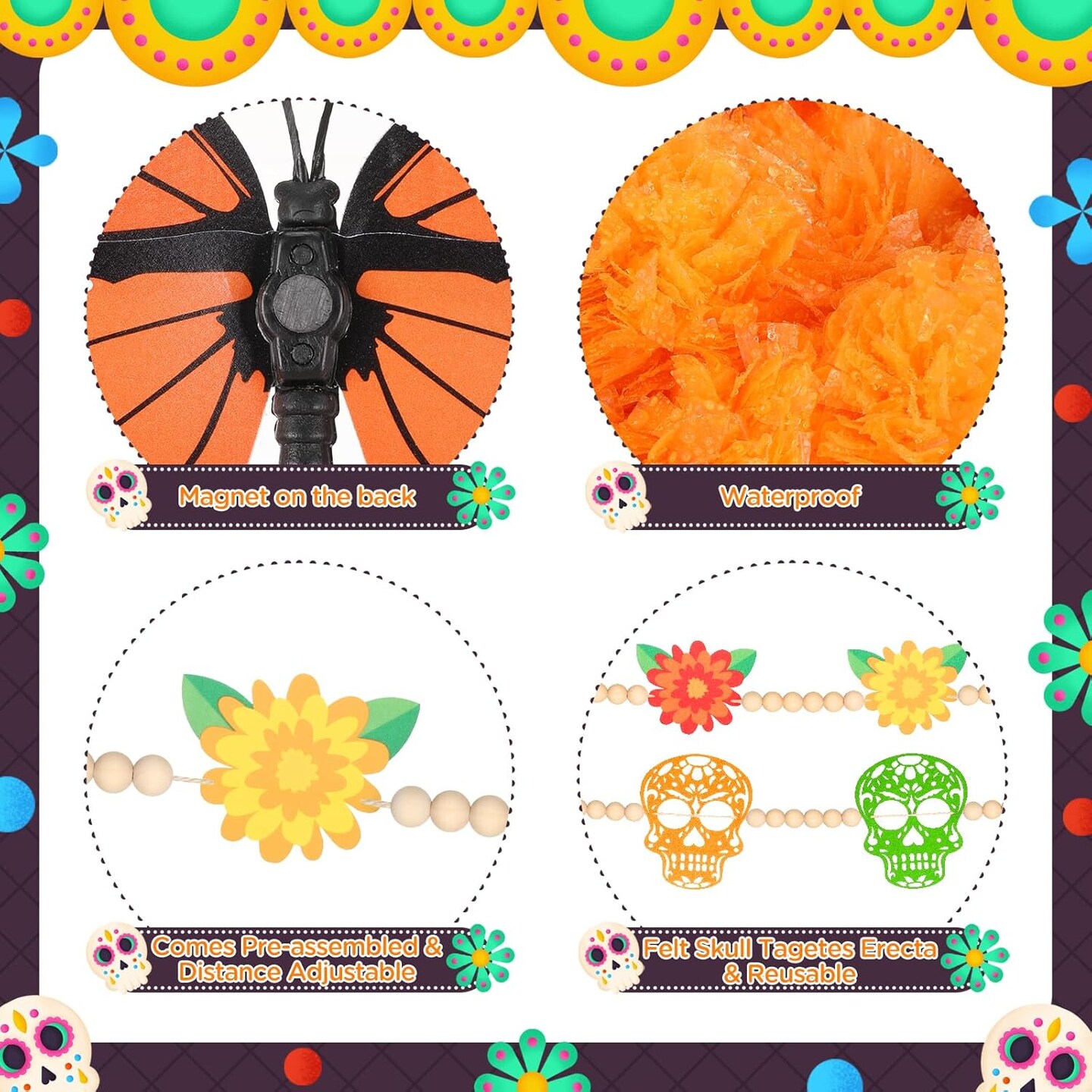 Day of The Dead Decorations Sets 5PCS 5Ft Artificial Marigold Flowers (Orange)