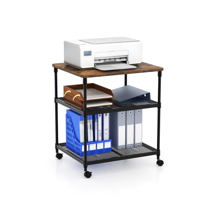 3-Tier Coffee Wooden Rolling Printer Cart with Lockable Wheels and Adjustable Storage Shelves