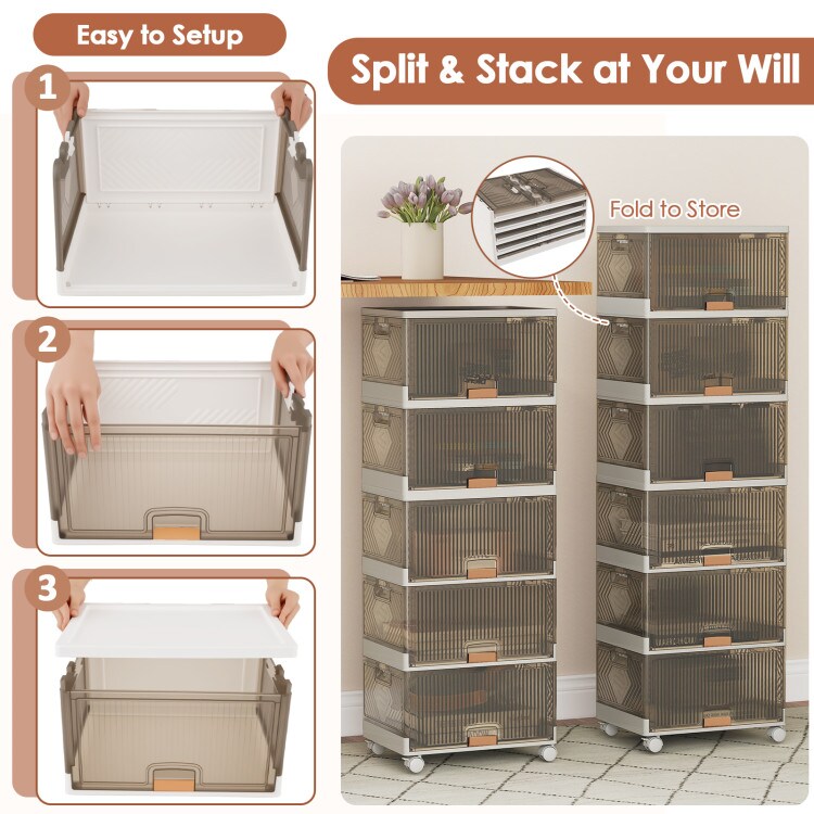 Stackable Storage Bin With Wheels Foldable Cube Organizer For Closet Bedroom Pantry White Brown PP ABS