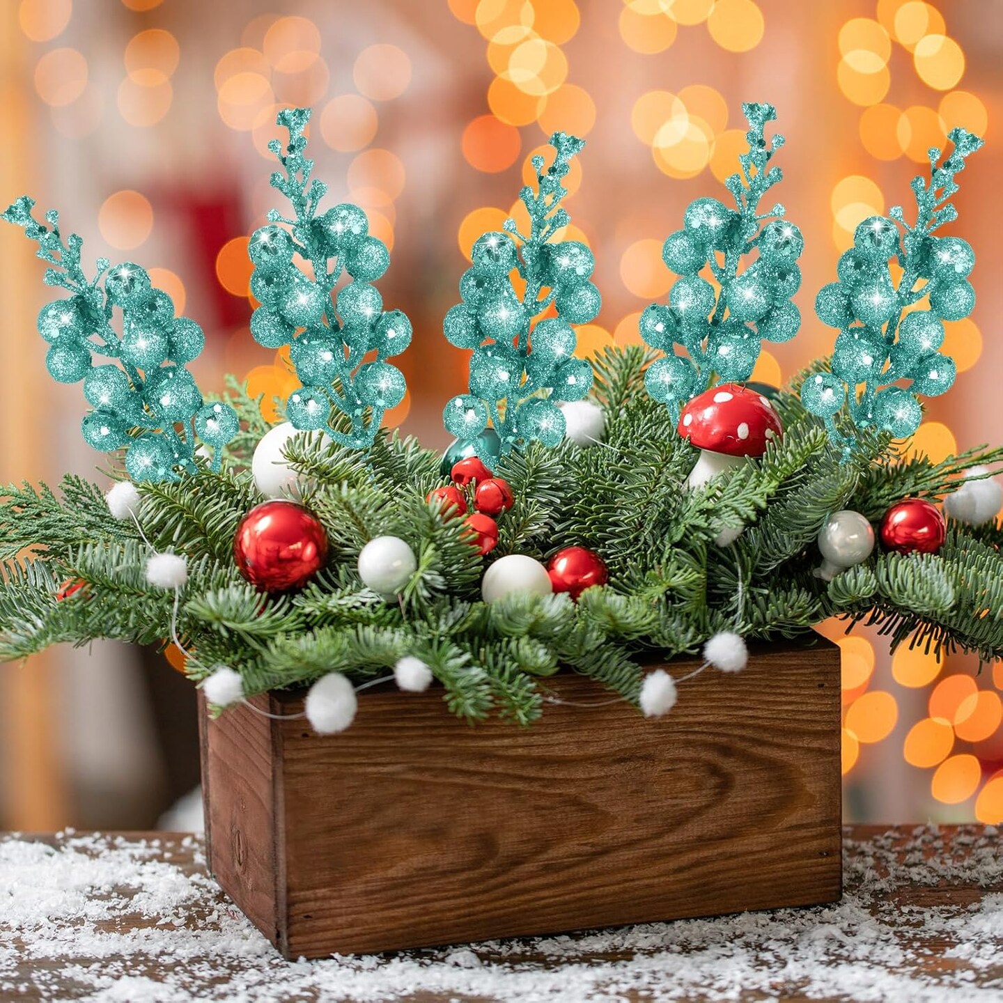 Christmas Glittered Berries Stems (Turquoise)