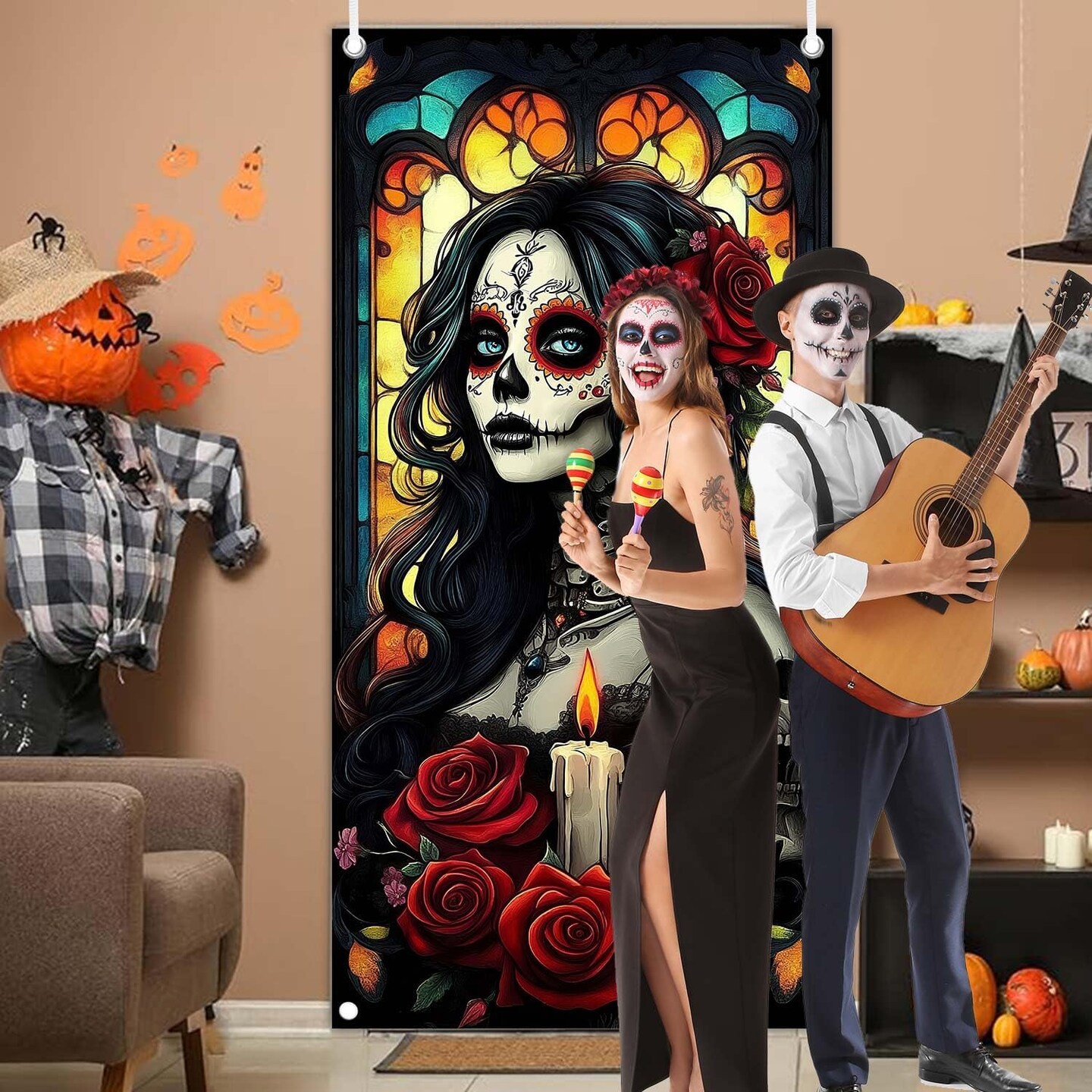 Day of The Dead Door Cover Dia De Los Muertos Porch Sign (Halloween) 70.8&#x22;L x 35.4&#x22;W