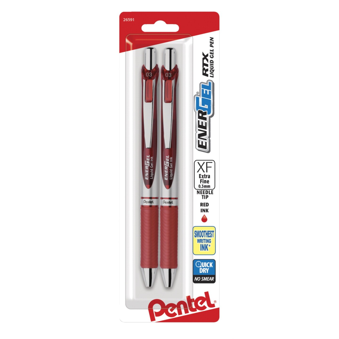 Pentel EnerGel RTX Retractable Liquid Gel Pen, 0.3 mm Needle Tip, Red Ink, Pack of 2
