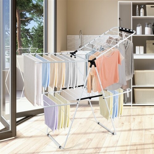 White 2-Level Foldable Clothes Drying Rack with Adjustable Height and 33 Poles for Laundry
