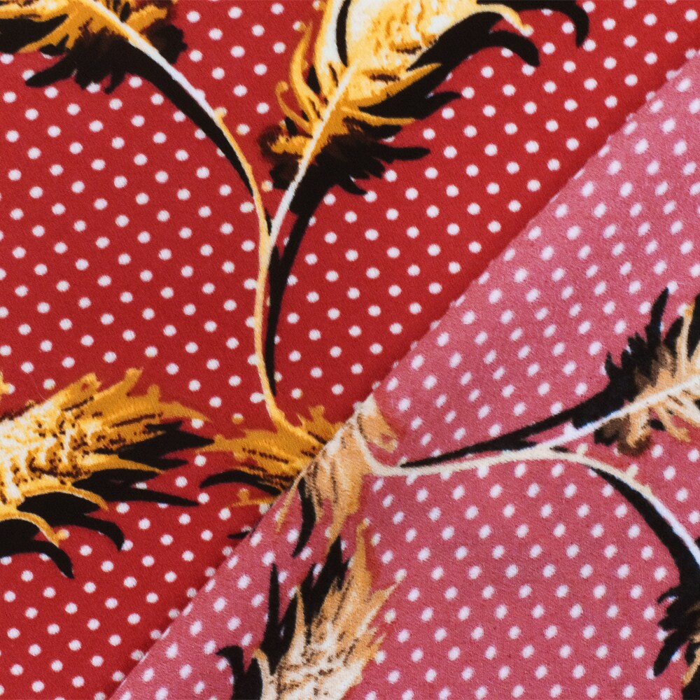 Red-Yellow-Multi Feather And Dot Printed Poly Georgette Woven Fabric By the Yard