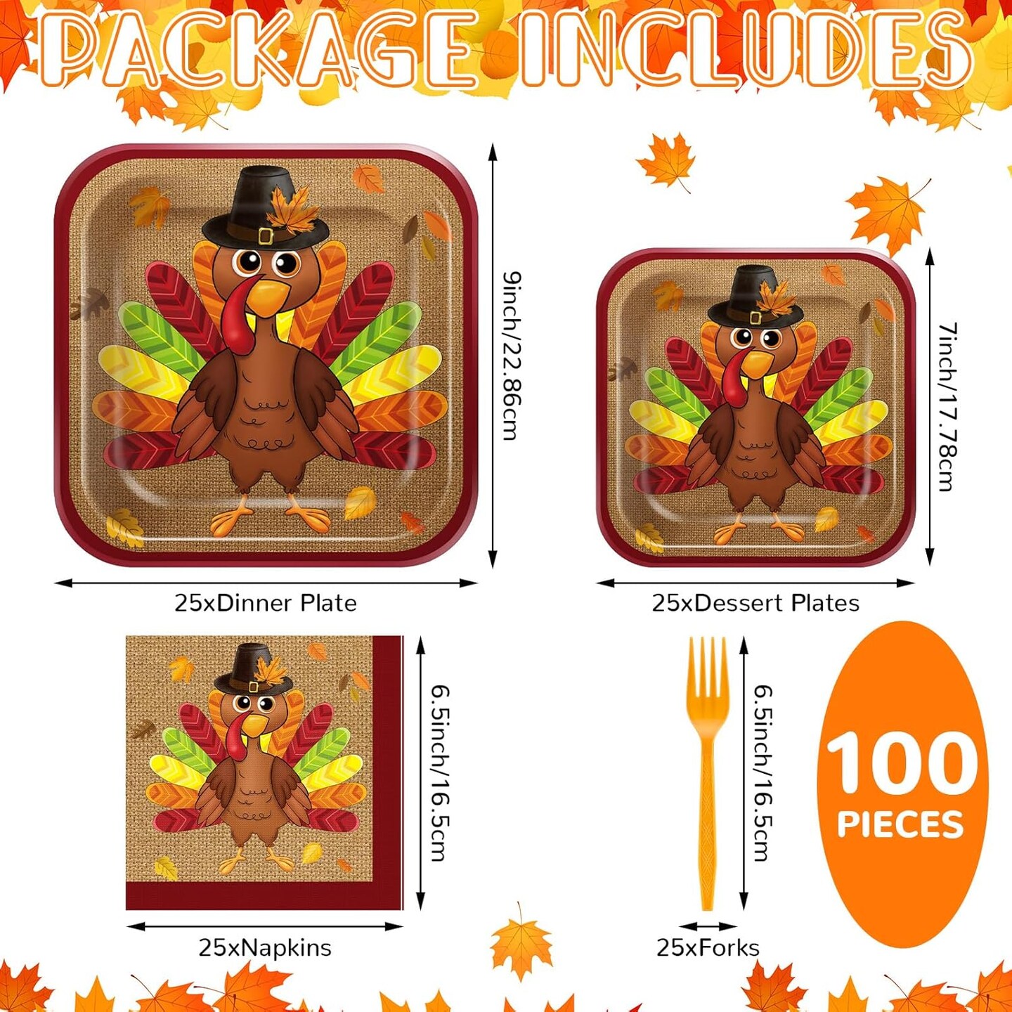 100 Pcs Thanksgiving Turkey Paper Plates, Napkins, and Forks Tableware Set for 25 Guests