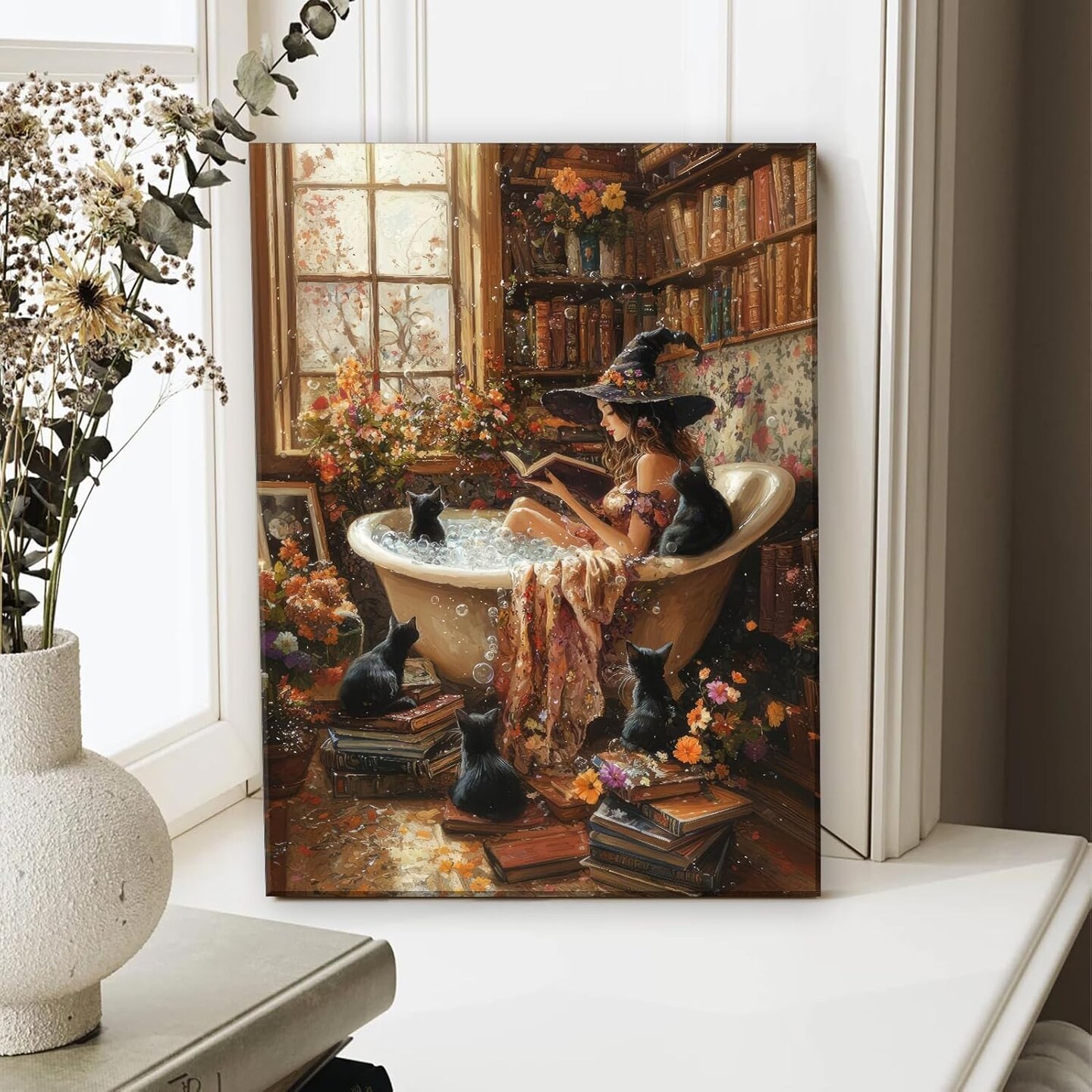 Halloween Witch Black Cat Wall Art Canvas - 16L"x12W" (Witch)