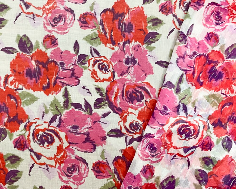Red-Ivory-Multi Poly Floral Printed Crinkle Yoryu Chiffon Woven Fabric By the Yard