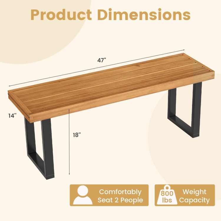 48" Rustic Acacia Wood Backless Bench with Sturdy Metal Legs for Dining or Entryway Seating