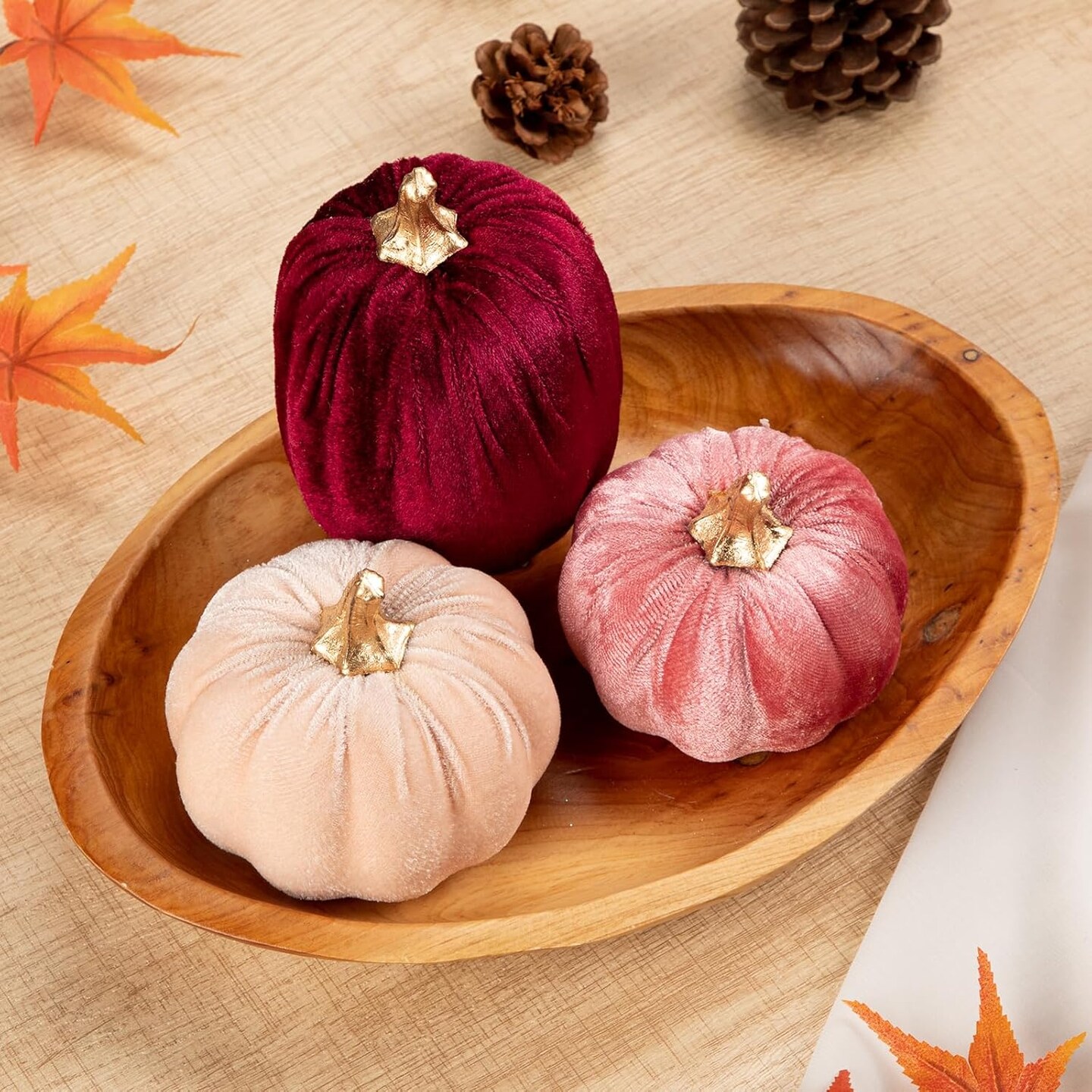 Artificial Velvet Pumpkins Fall Decor - 3 PCS Faux Fabric Foam Mini Orange Pumpkins DIY Decorative