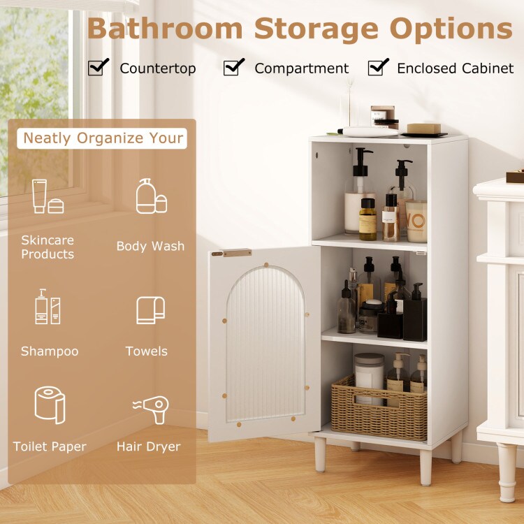 White Bathroom Storage Cabinet with Tempered Glass Door and Adjustable Shelves, Solid Wood Legs